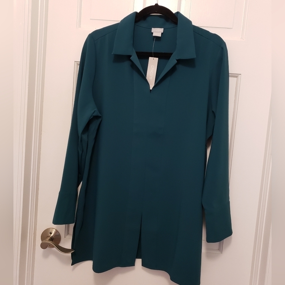 NWT Chico's Chain Trim Tunic Collard Top, Teal Green in Color Sz 2=12/14 Ret.$99